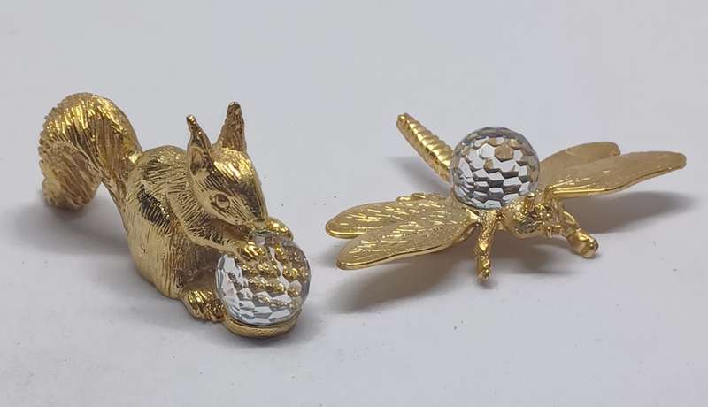 Vintage EXQUISITE 24K gold-plated Dragonfly (5.7 x 3.7 cm) and a Squirrel (5.3 x 3 with crystal ball