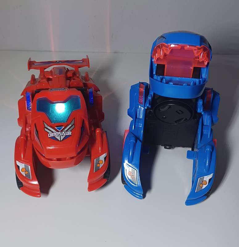 2 Transforming Dinosaur LED Car with Light Sound Kids Toy blue and red