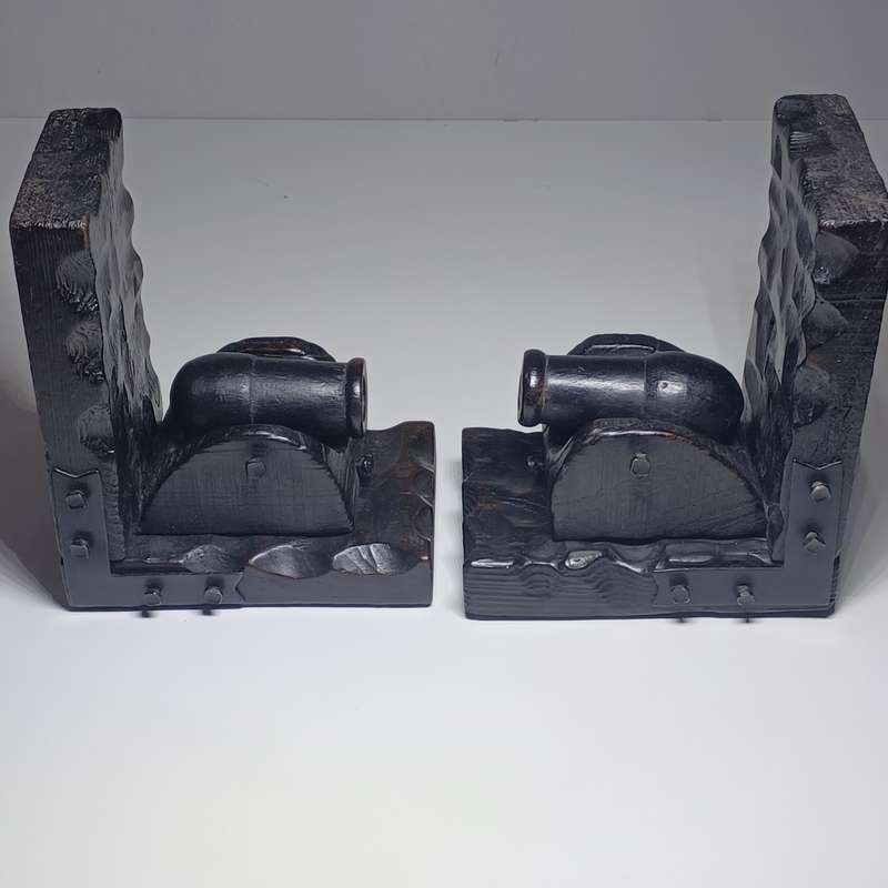 Vintage Handcarved Wood Cannon Bookends  Rustic Decor (15cm x 13cm x8.5cm)