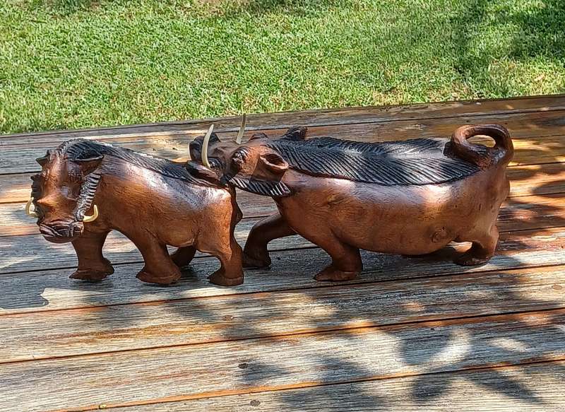Vintage Large Wooden Carved Warthogs (57cm x 14cm x 18cm)