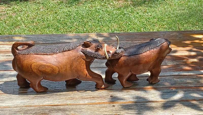 Vintage Large Wooden Carved Warthogs (57cm x 14cm x 18cm)