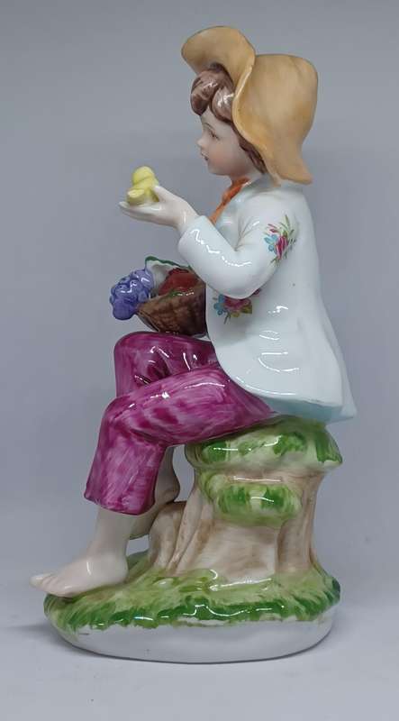 Vintage Porcelain Figurine Country Boy With Basket Of Fruit and Bird (18cm x 8cm)