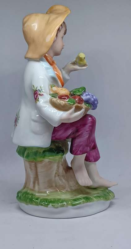 Vintage Porcelain Figurine Country Boy With Basket Of Fruit and Bird (18cm x 8cm)