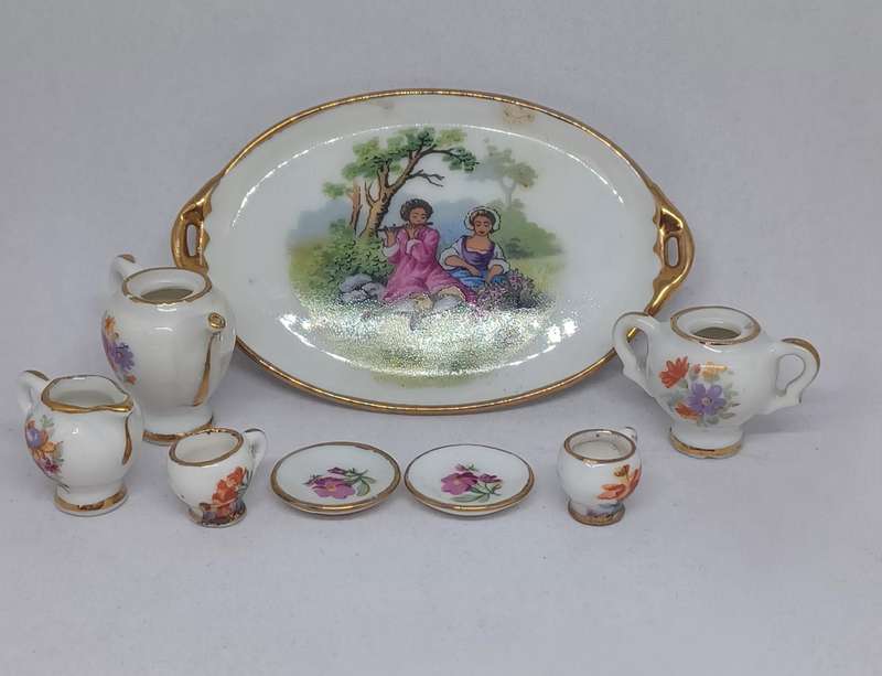 Vintage 8 Pc Artisan France Limoges Porcelain Dollhouse Miniature Tea Set