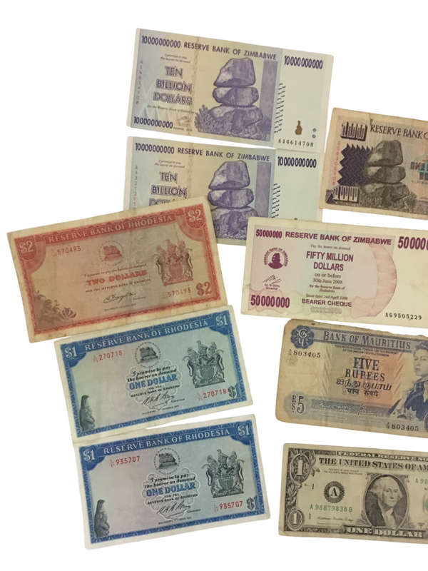 Lot  9 x Notes Mixed, Rhodesia , Zimbabwe, Mauritius & USA - World Currency