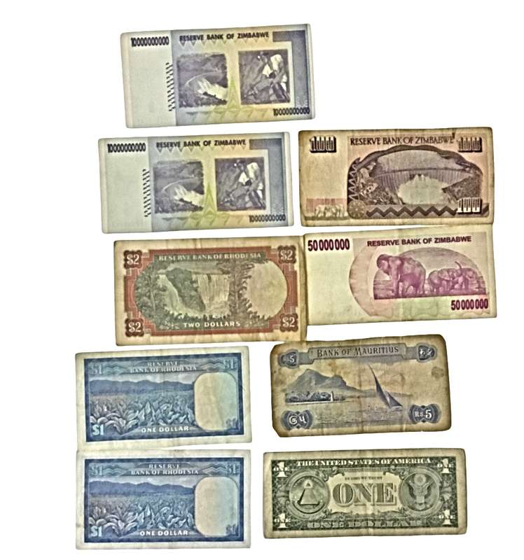 Lot  9 x Notes Mixed, Rhodesia , Zimbabwe, Mauritius & USA - World Currency