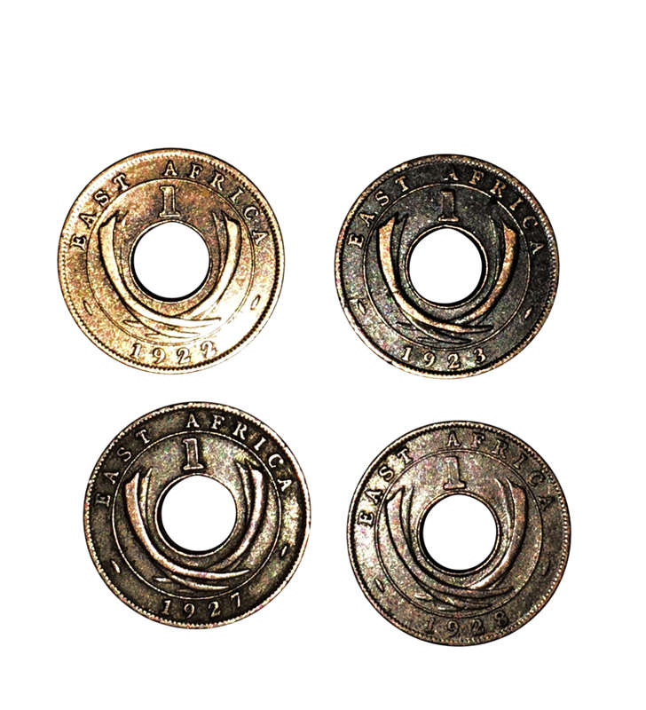 Lot of 4 East Africa 1 Cent Coins  George V (1922, 1923, 1927, 1928 KN)  Bronze  KM# 22