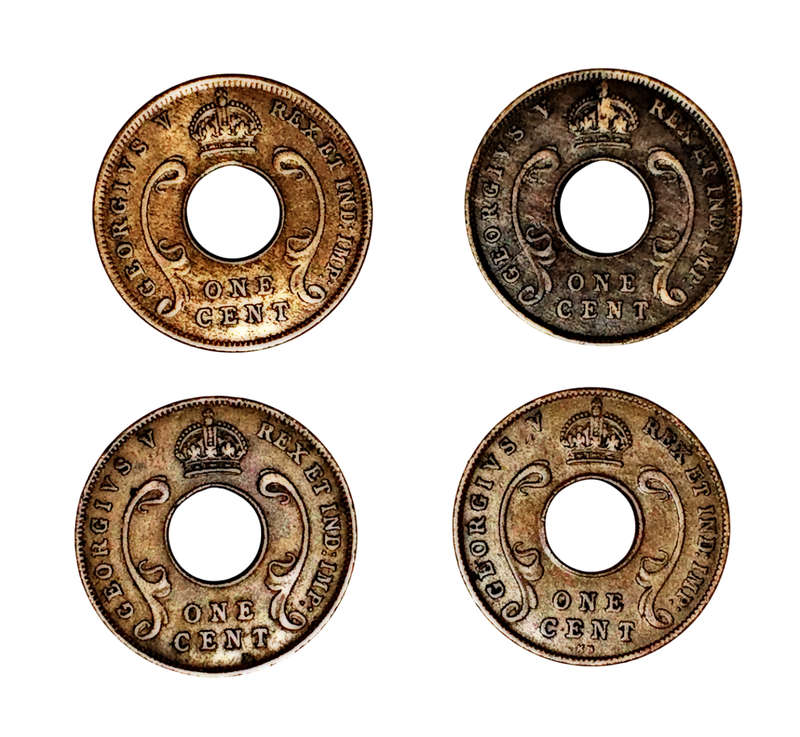 Lot of 4 East Africa 1 Cent Coins  George V (1922, 1923, 1927, 1928 KN)  Bronze  KM# 22
