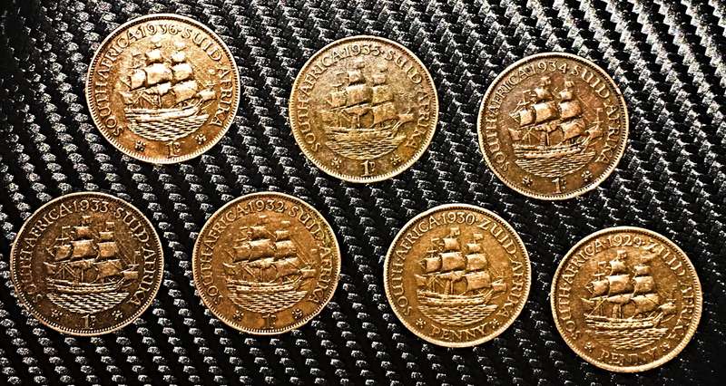 Lot of 7x Union of South Africa 1 Penny Coins  George V  1929 to 1936  Antique Bronze Ship Design