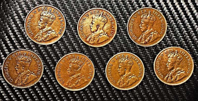 Lot of 7x Union of South Africa 1 Penny Coins  George V  1929 to 1936  Antique Bronze Ship Design