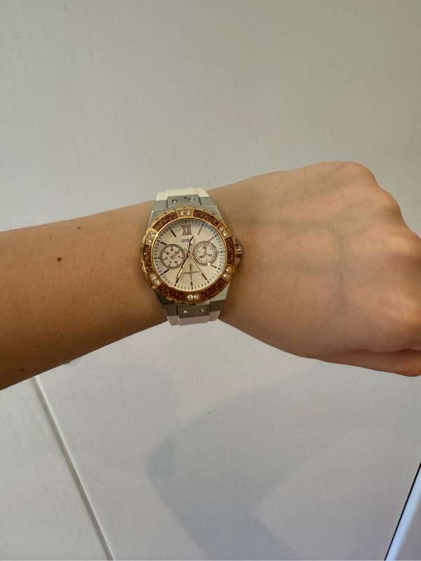 Guess ladies white silver tone watch