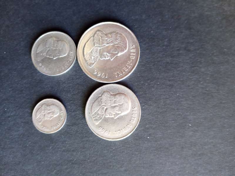 1966 R1.00 coin, 1966 0.50 coin, 1966 0.20 coin, 1966 0.05 coin