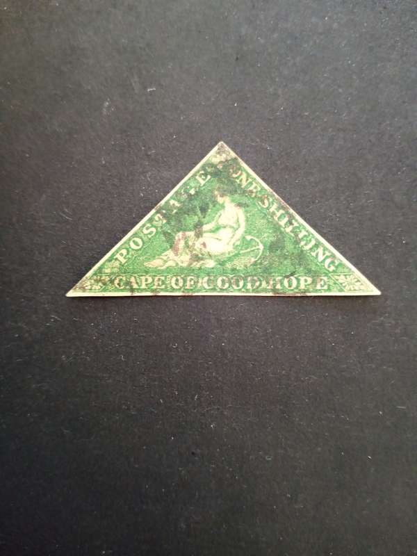 1858 1s Bright Yellow Green triangle. 3 Full margins