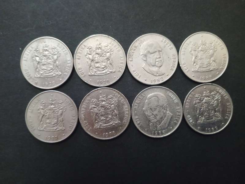 1977, 1978, 1982, 1985, 1988, 1989 South African R1 coins