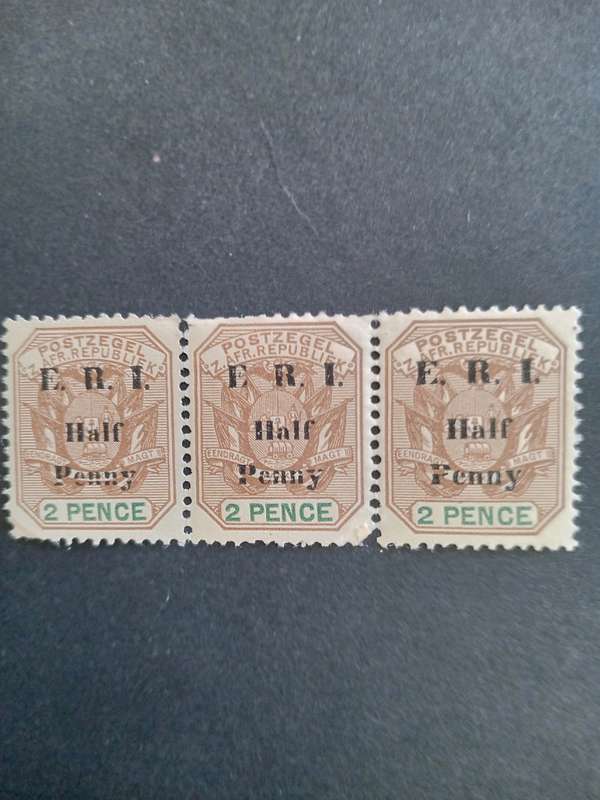 1901 Transvaal 2 Pence stamp - Overprint ERI Half Penny. Missing stop after "E" on centre stamp