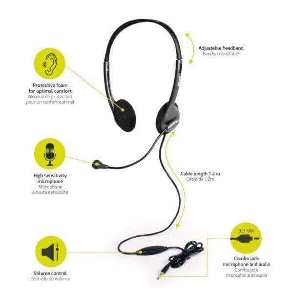Port Stereo Headset with Mic with 1.2m Cable|1 x 3.5mm|Volume Controller  Black