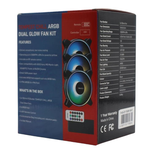 PCBuilder Tempest Chill Fan Kit 3x120MM Dual Glow ARGB Fan + Controller + RF Remote