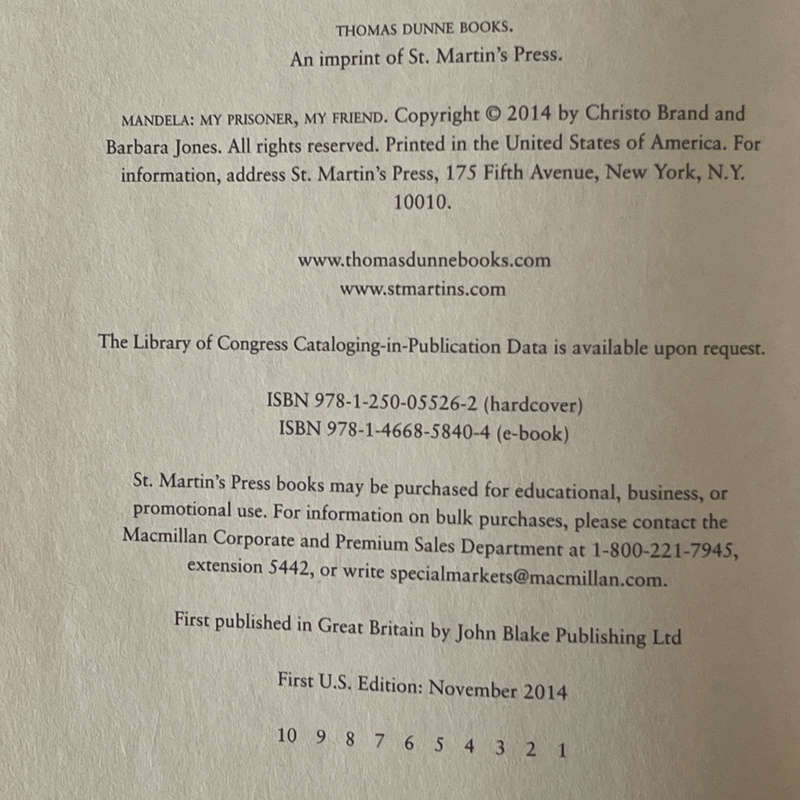 2014 Mandela My Prisoner, My Friend by Christo Brand with Barbara Jones Hardcover w/Dustjacket