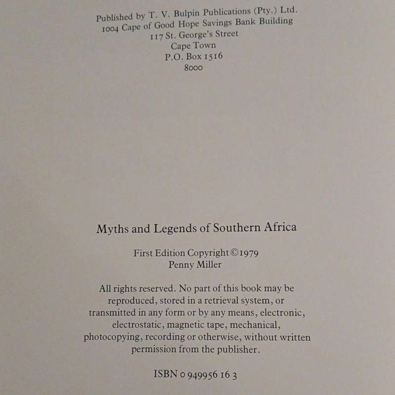 1979 Myths and Legends of Southern Africa By Penny Miller Hardcover w/Dustjacket