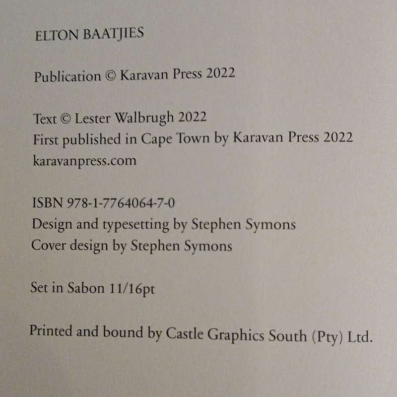 2022 Elton Baatjies By Lester Walbrugh Softcover