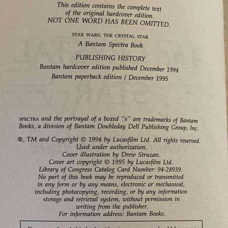 1995 Star Wars - The Crystal Star by Vonda N. McIntyre Softcover