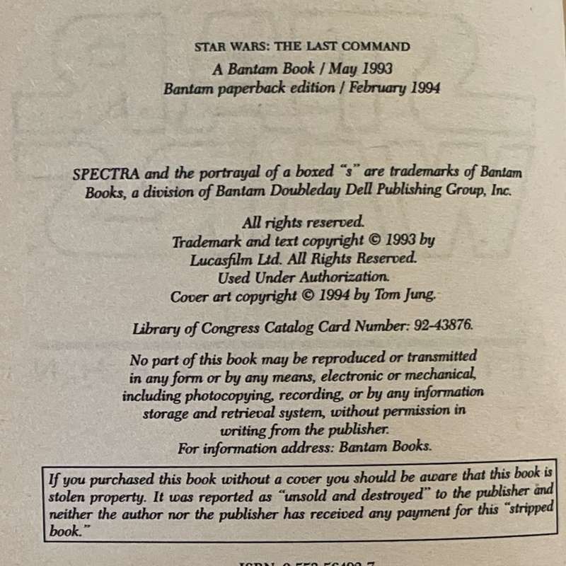 1994 Star Wars - The Last Command by Timothy Zahn Softcover