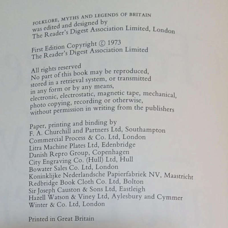 1973 Folklore, Myths and Legends of Britain Published by Reader's Digest Association Hardcover w/o D