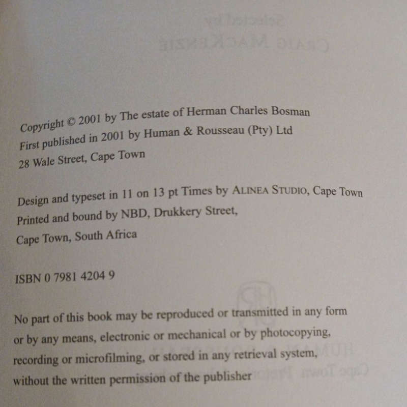 2001 Best of Bosman By Herman Charles Bosman Softcover