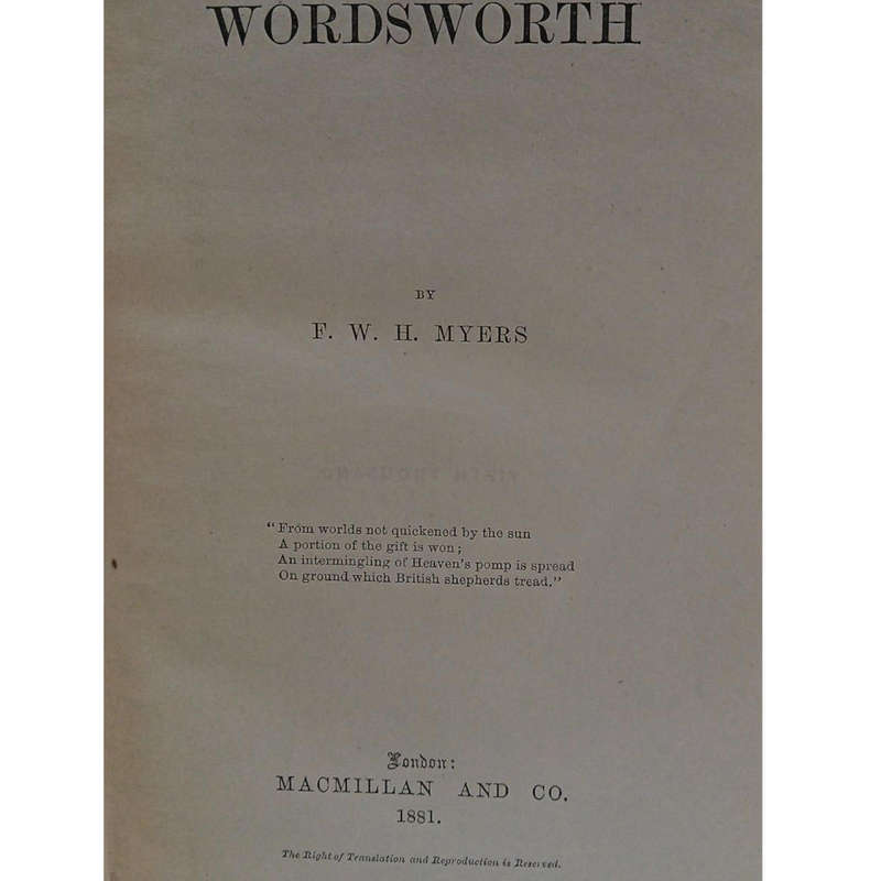 1881 English Men of Letters, Wordsworth  by Frederic William Henry Myers Hardcover w/o Dustjacket