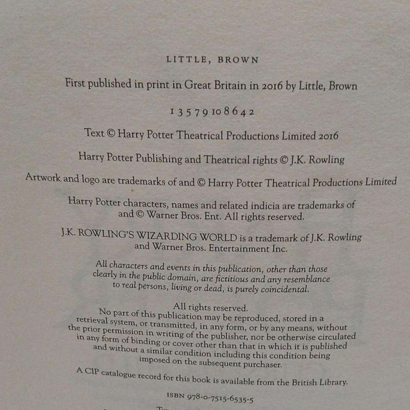 2016 Harry Potter Cursed Child By J.K. Rowling Hardcover w/Dustjacket