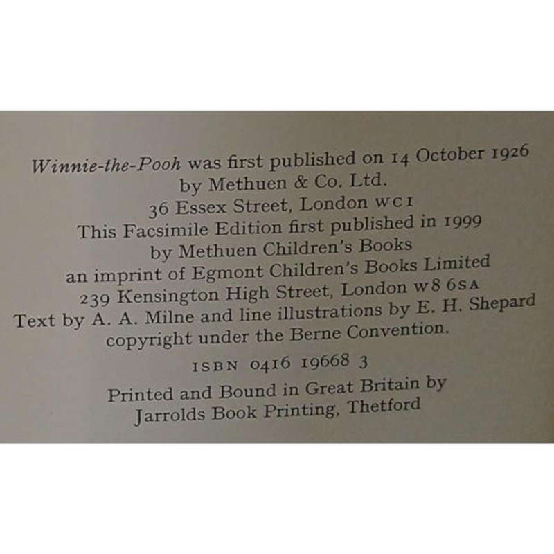 1999  A Special Facsimile Edition Of Winnie The Pooh By A.A. Milne Hardcover w/o Dustjacket