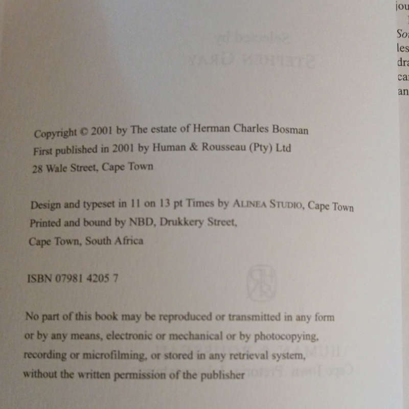 2001 Best of Bosman By Herman Charles Bosman Softcover