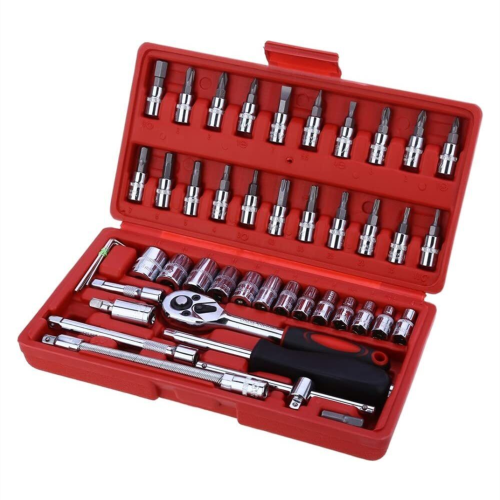 46PCS 1/4 INCH SOCKET SET AUTO REPAIR TOOLS RATCHET SET TORQUE WRENCH COMBINATION DRILL BITS