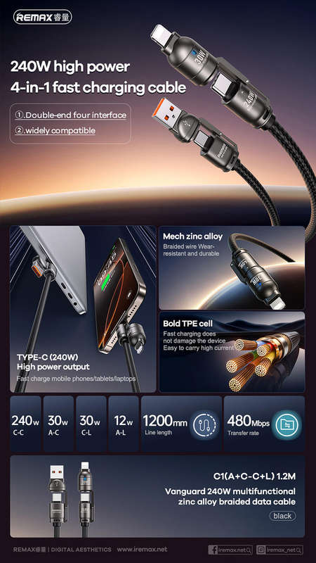REMAX C1 240W 1.5M USB+Type-C to Lightning+Type-C Vanguard Multifunctional Zinc Alloy Braided Chargi