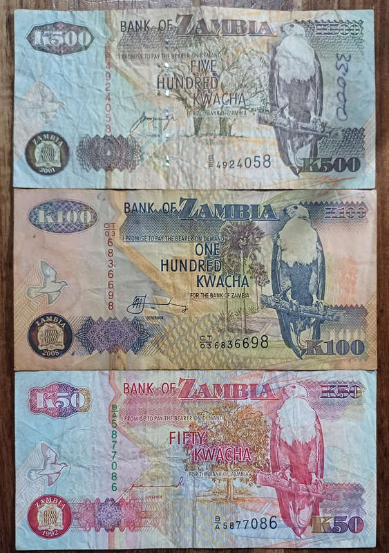 Zambia Bank Notes - 500, 100 & 50 Kwacha