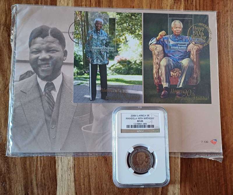 2008 SA 5R Mandela Coin slabbed 90 th Birthday & First Day Cover Mandela