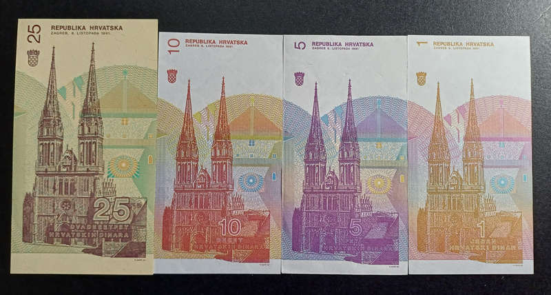 Croatia Bank Notes 25, 10, 5 & 1 Dinara  (UNC)