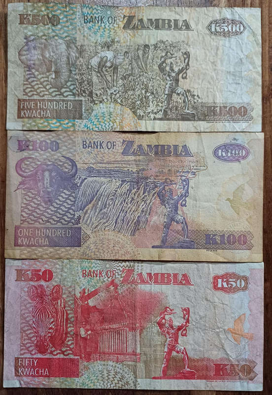 Zambia Bank Notes - 500, 100 & 50 Kwacha