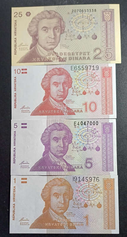 Croatia Bank Notes 25, 10, 5 & 1 Dinara  (UNC)