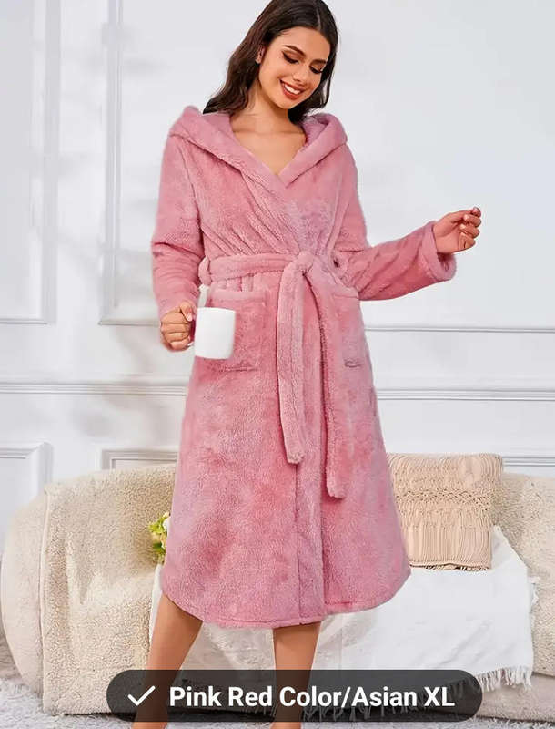Women Cosy Fleece Hoodie Bathrobe - Soft Lounge Dress with Belt, Solid Colour Warm Sleepwear Size XL