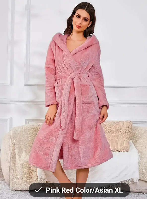 Women Cosy Fleece Hoodie Bathrobe - Soft Lounge Dress with Belt, Solid Colour Warm Sleepwear Size XL