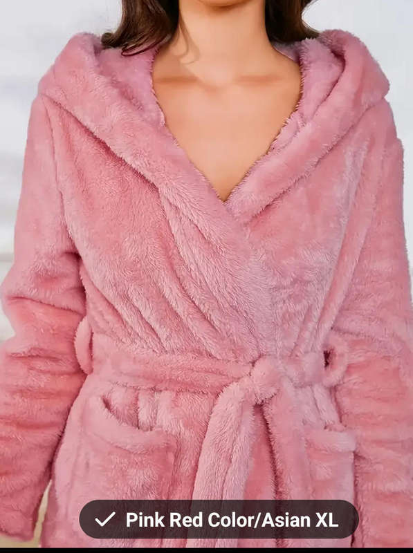 Women Cosy Fleece Hoodie Bathrobe - Soft Lounge Dress with Belt, Solid Colour Warm Sleepwear Size XL