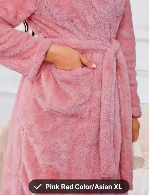 Women Cosy Fleece Hoodie Bathrobe - Soft Lounge Dress with Belt, Solid Colour Warm Sleepwear Size XL