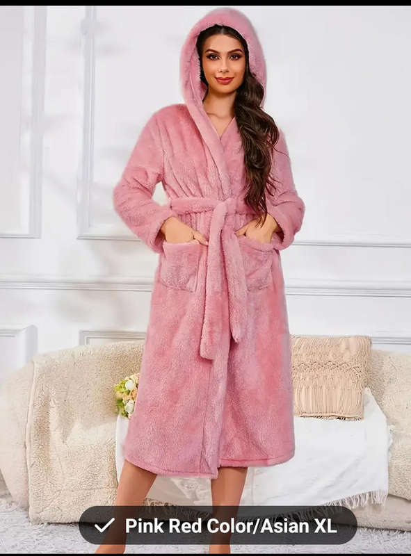 Women Cosy Fleece Hoodie Bathrobe - Soft Lounge Dress with Belt, Solid Colour Warm Sleepwear Size XL