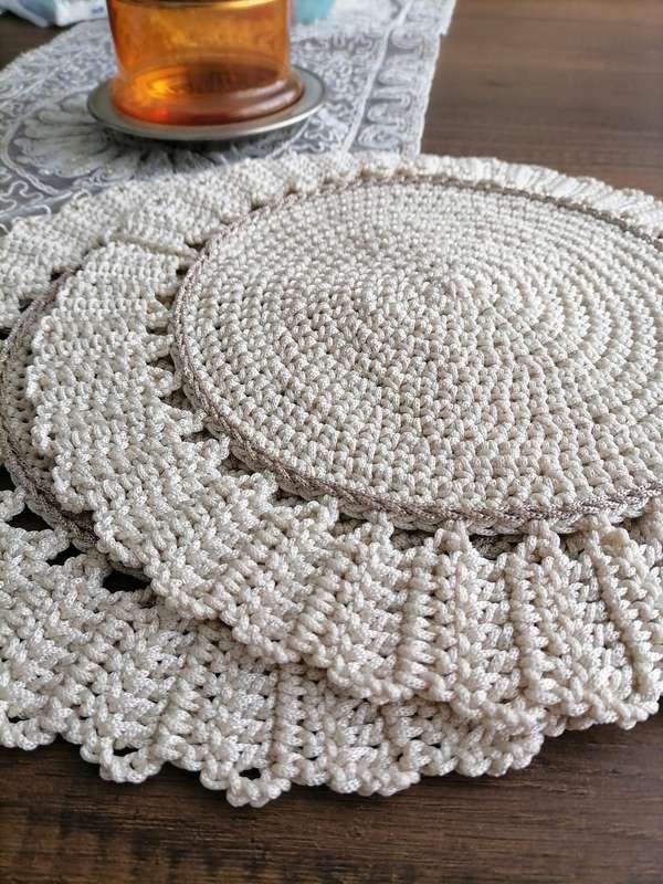 Handmade Crochet Placemat Set of 6  Boho Rustic Table Decor  Round Doily Farm