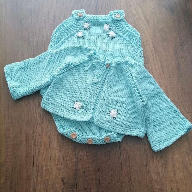 Handmade Baby Knit Set  Romper & Cardigan  100% Cotton  Ready to Ship  Baby Shower Gift