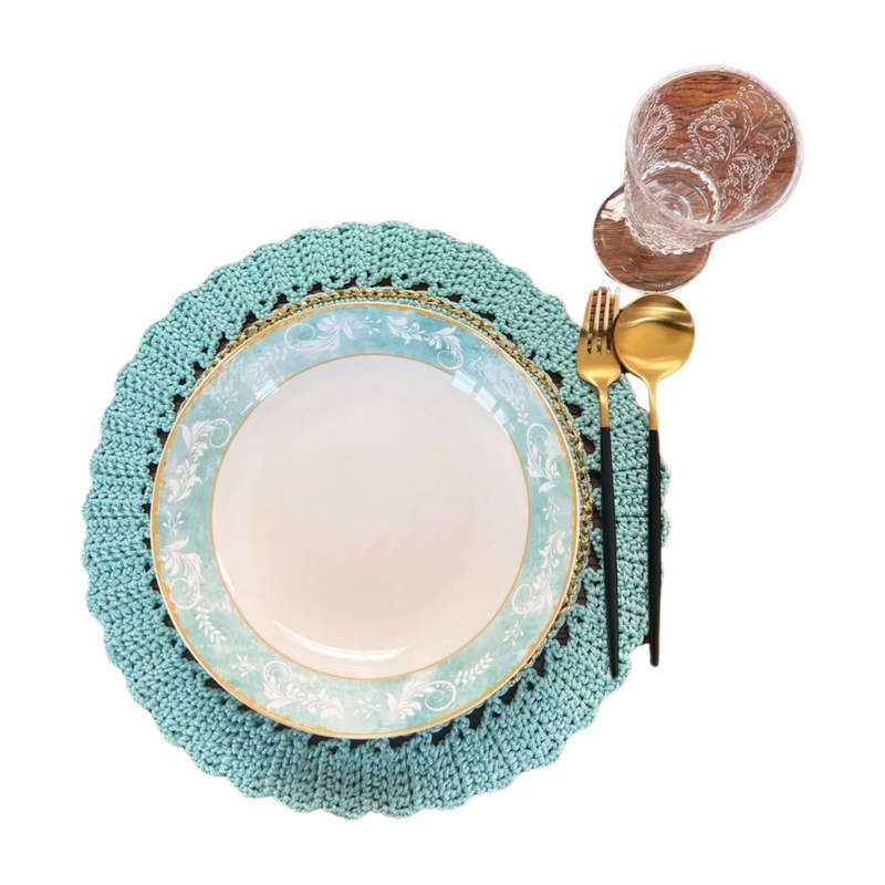 Handmade Crochet Placemat & Napkin Ring Set  Set of 6  Boho Rustic Table Decor  Round Doily Farm