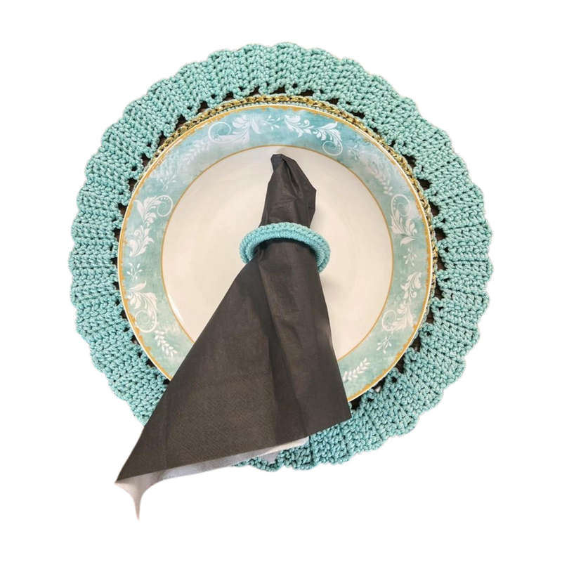 Handmade Crochet Placemat & Napkin Ring Set  Set of 6  Boho Rustic Table Decor  Round Doily Farm