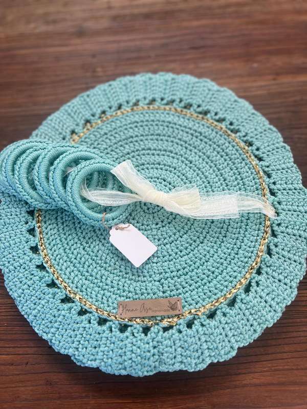 Handmade Crochet Placemat & Napkin Ring Set  Set of 6  Boho Rustic Table Decor  Round Doily Farm