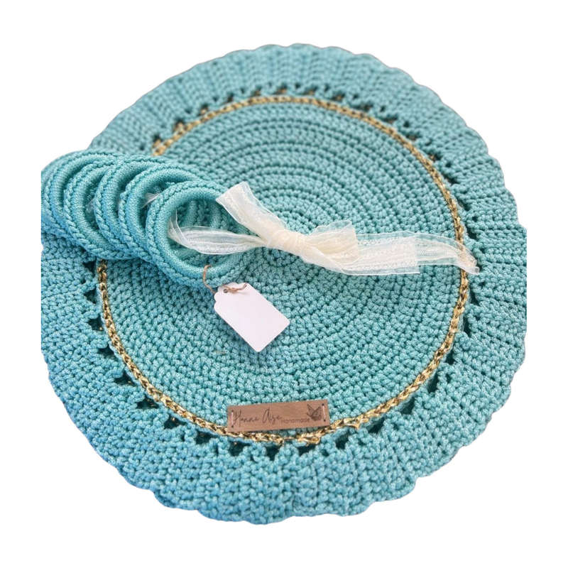 Handmade Crochet Placemat & Napkin Ring Set  Set of 6  Boho Rustic Table Decor  Round Doily Farm